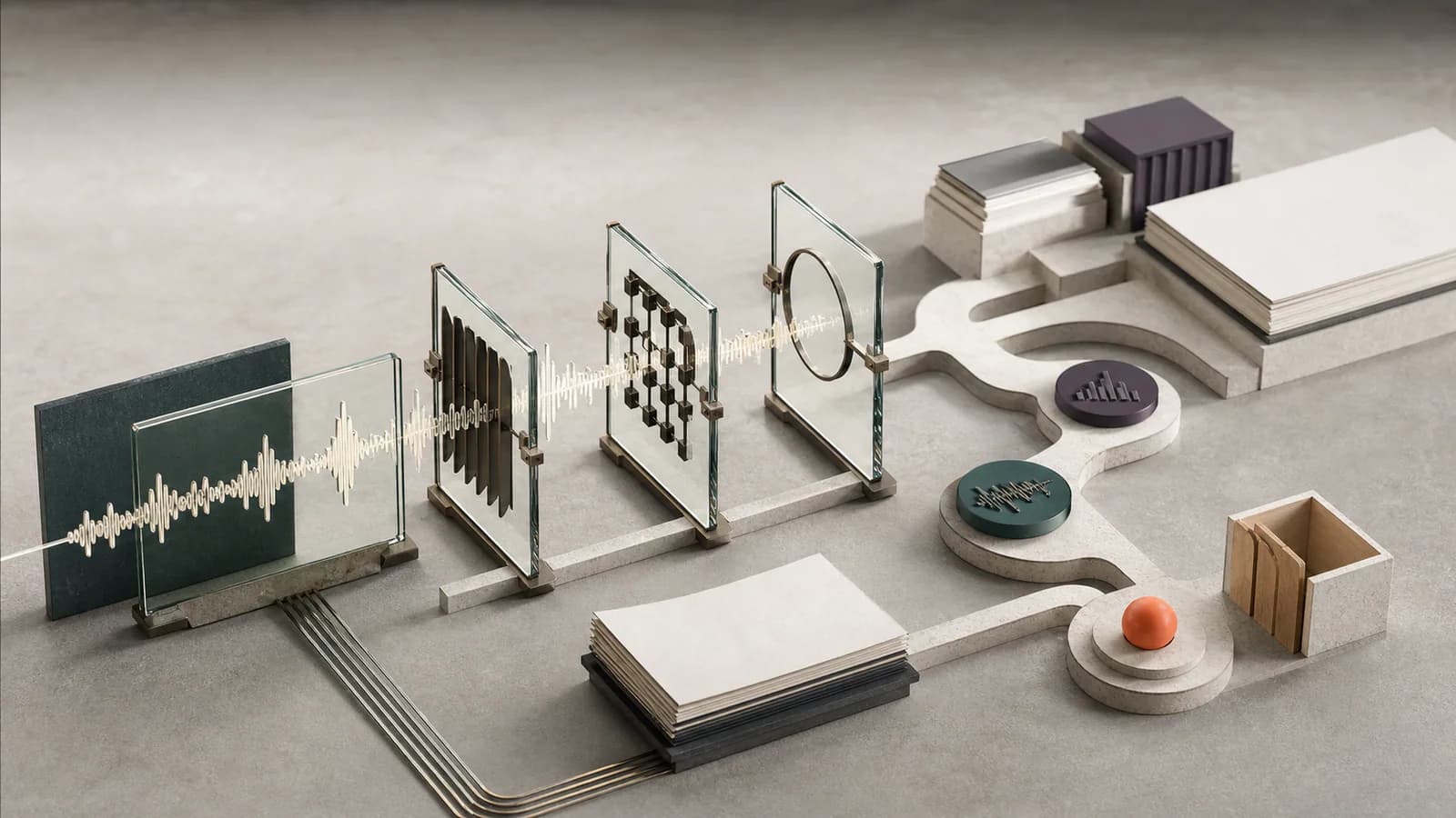 Architectural voice waveform passing through transparent governance gates toward controlled resolution paths