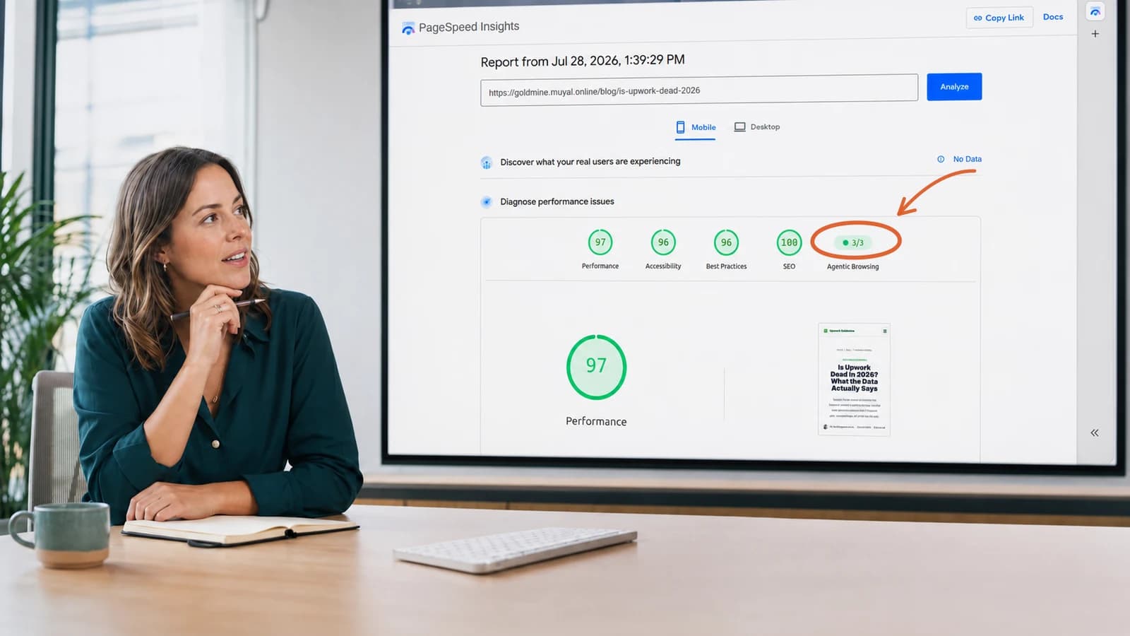 Technical marketing professional examining a PageSpeed Insights report with the new 3 out of 3 Agentic Browsing result circled and indicated by an orange arrow